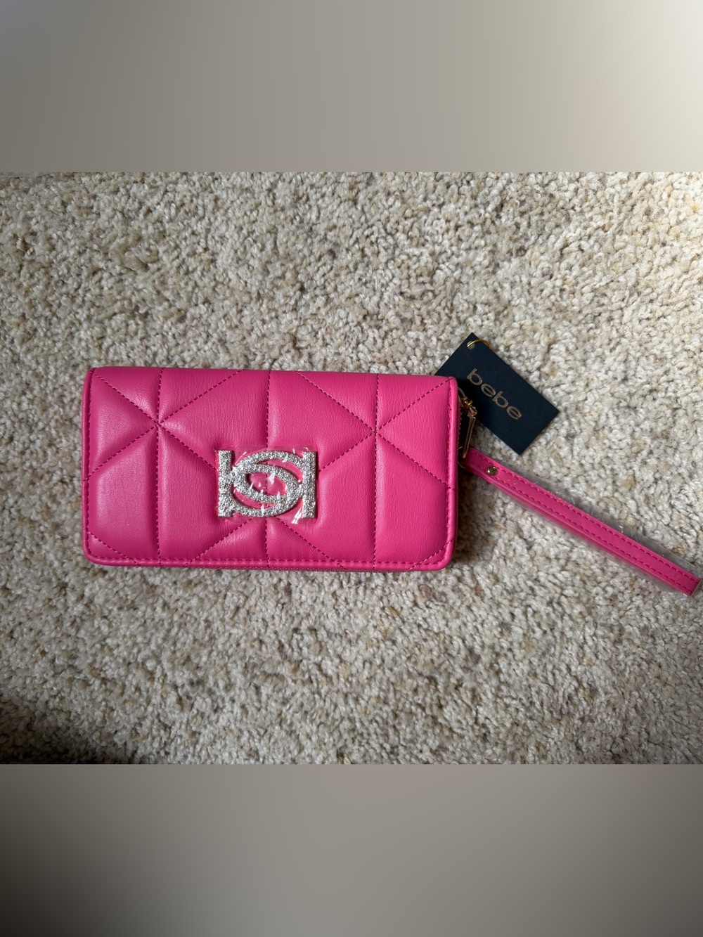 bebe Quilted Hot Pink Wristlet Clutch with Sparkle Logo
